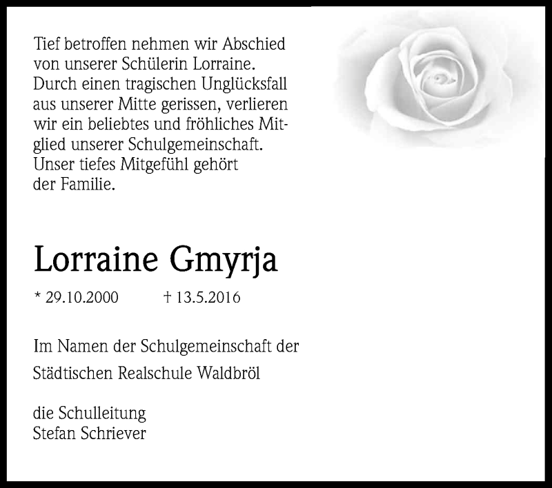  Traueranzeige für Lorraine Gmyrja vom 20.05.2016 aus Kölner Stadt-Anzeiger / Kölnische Rundschau / Express