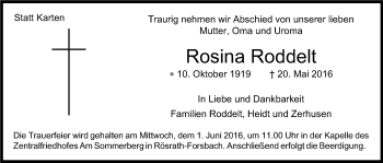 Anzeige von Rosina Roddelt von Kölner Stadt-Anzeiger / Kölnische Rundschau / Express