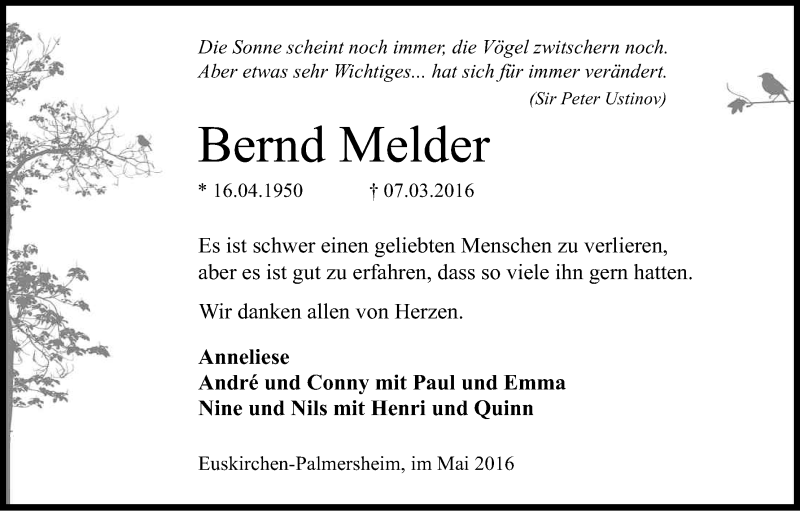  Traueranzeige für Bernd Melder vom 02.05.2016 aus Kölner Stadt-Anzeiger / Kölnische Rundschau / Express