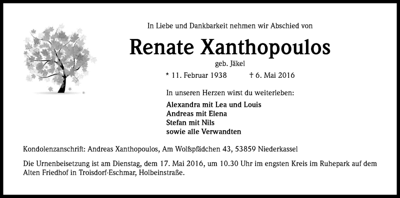  Traueranzeige für Renate Xanthopoulos vom 14.05.2016 aus Kölner Stadt-Anzeiger / Kölnische Rundschau / Express