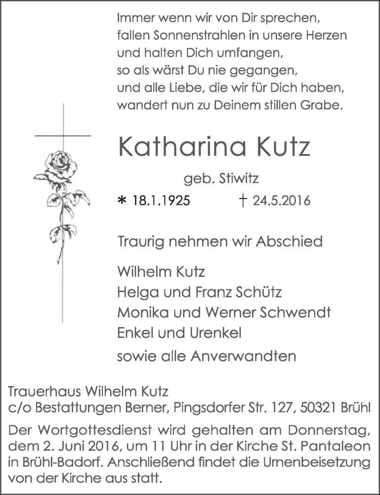  Traueranzeige für Katharina Kutz vom 01.06.2016 aus  Schlossbote/Werbekurier 