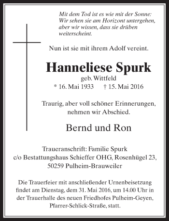 Anzeige von Hanneliese Spurk von  Wochenende 