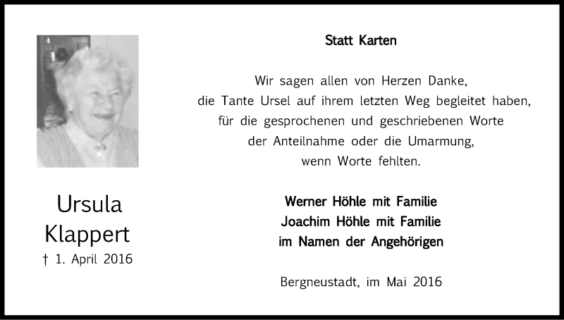  Traueranzeige für Ursula Klappert vom 28.05.2016 aus Kölner Stadt-Anzeiger / Kölnische Rundschau / Express