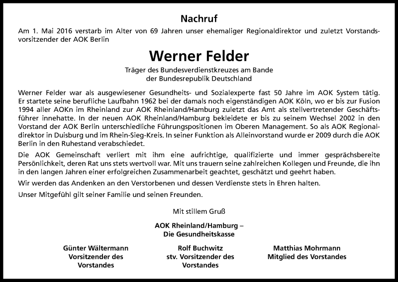  Traueranzeige für Werner Felder vom 14.05.2016 aus Kölner Stadt-Anzeiger / Kölnische Rundschau / Express