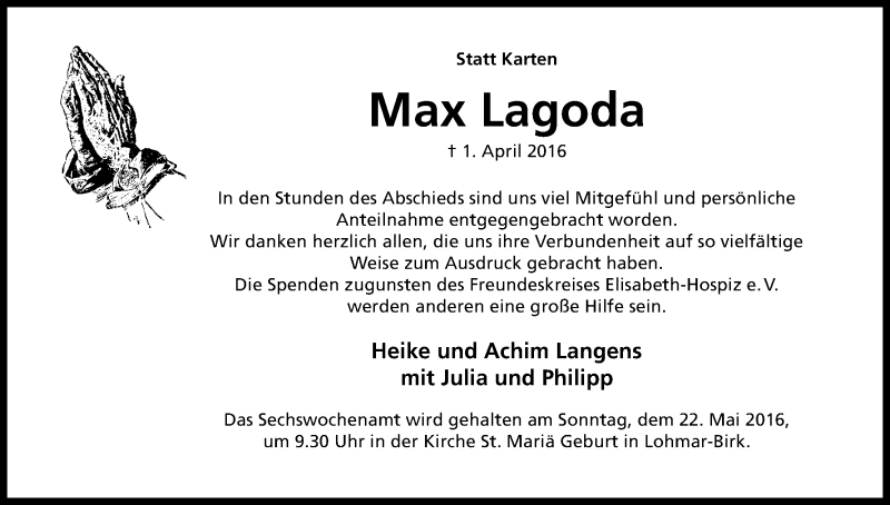  Traueranzeige für Max Lagoda vom 14.05.2016 aus Kölner Stadt-Anzeiger / Kölnische Rundschau / Express