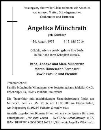 Anzeige von Angelika Münchrath von Kölner Stadt-Anzeiger / Kölnische Rundschau / Express