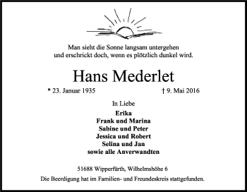 Anzeige von Hans Mederlet von Kölner Stadt-Anzeiger / Kölnische Rundschau / Express