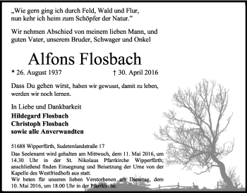 Anzeige von Alfons Flosbach von Kölner Stadt-Anzeiger / Kölnische Rundschau / Express