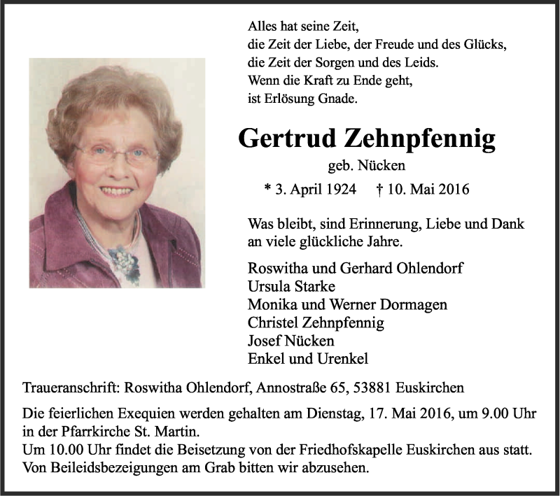  Traueranzeige für Gertrud Zehnpfennig vom 12.05.2016 aus Kölner Stadt-Anzeiger / Kölnische Rundschau / Express