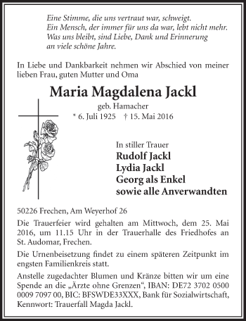 Anzeige von Maria Magdalena Jackl von  Sonntags-Post 