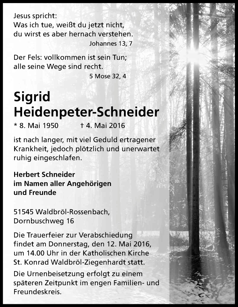  Traueranzeige für Sigrid Heidenpeter-Schneider vom 10.05.2016 aus Kölner Stadt-Anzeiger / Kölnische Rundschau / Express