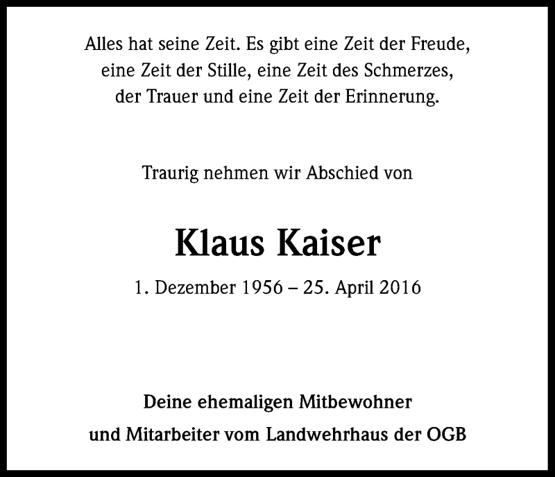  Traueranzeige für Klaus Kaiser vom 14.05.2016 aus Kölner Stadt-Anzeiger / Kölnische Rundschau / Express