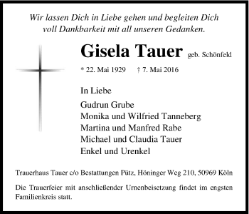 Anzeige von Gisela Tauer von Kölner Stadt-Anzeiger / Kölnische Rundschau / Express