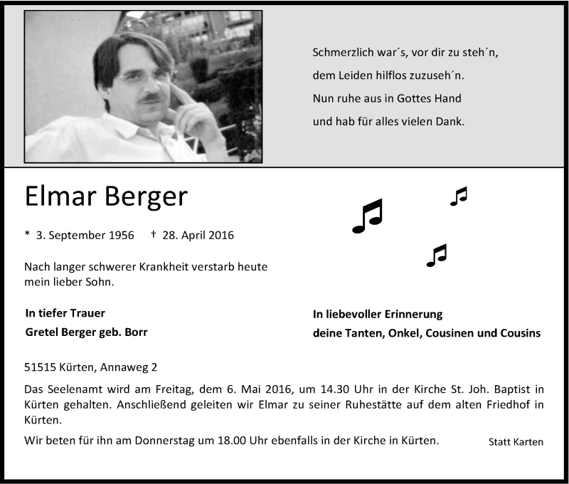  Traueranzeige für Elmar Berger vom 02.05.2016 aus Kölner Stadt-Anzeiger / Kölnische Rundschau / Express
