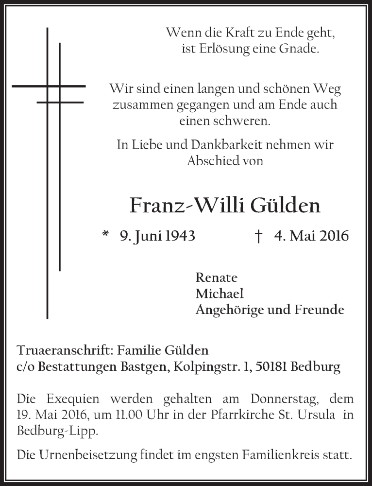  Traueranzeige für Franz-Willi Gülden vom 14.05.2016 aus  Sonntags-Post 