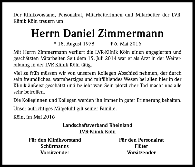  Traueranzeige für Daniel Zimmermann vom 28.05.2016 aus Kölner Stadt-Anzeiger / Kölnische Rundschau / Express