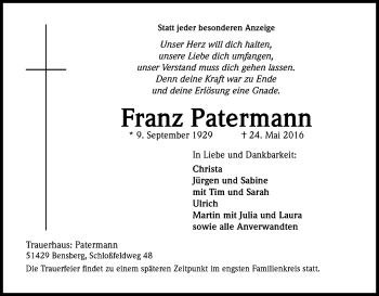 Anzeige von Franz Patermann von Kölner Stadt-Anzeiger / Kölnische Rundschau / Express