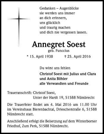 Anzeige von Annegret Soest von Kölner Stadt-Anzeiger / Kölnische Rundschau / Express
