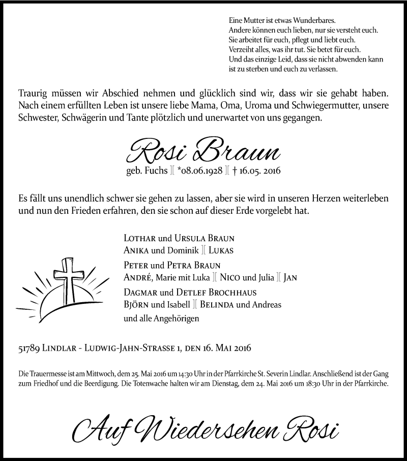  Traueranzeige für Rosi Braun vom 19.05.2016 aus Kölner Stadt-Anzeiger / Kölnische Rundschau / Express