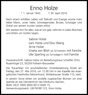 Anzeige von Enno Holze von Kölner Stadt-Anzeiger / Kölnische Rundschau / Express
