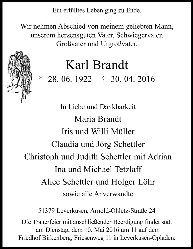  Traueranzeige für Karl Brandt vom 07.05.2016 aus Kölner Stadt-Anzeiger / Kölnische Rundschau / Express