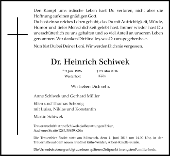 Anzeige von Heinrich Schiwek von Kölner Stadt-Anzeiger / Kölnische Rundschau / Express