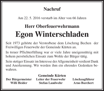 Anzeige von Egon Winterschladen von  Bergisches Handelsblatt 