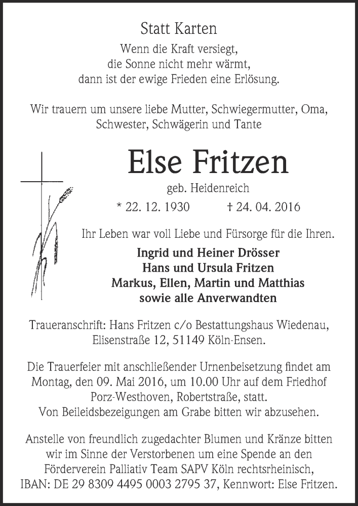  Traueranzeige für Else Fritzen vom 04.05.2016 aus  Kölner Wochenspiegel 