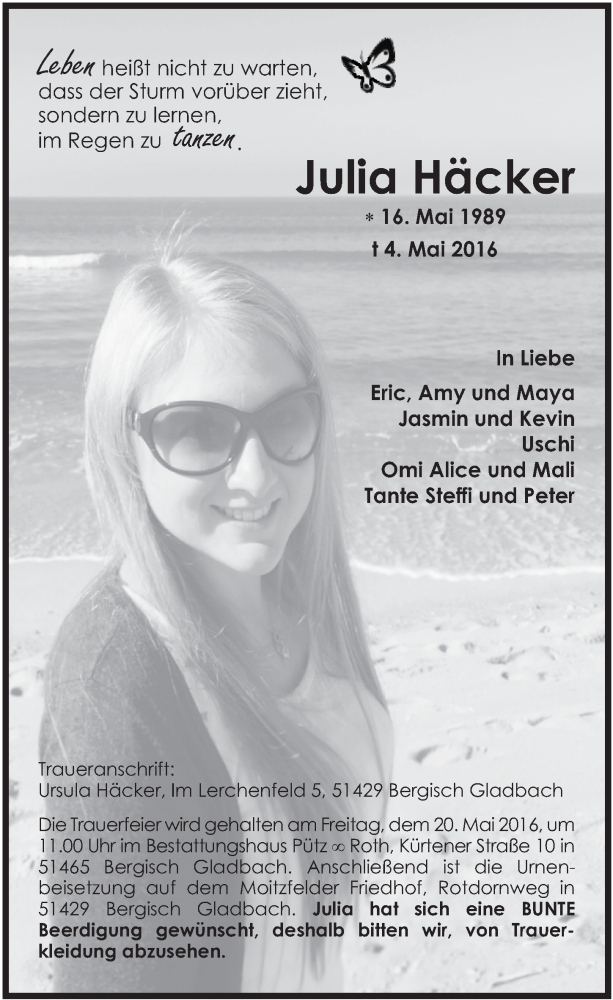  Traueranzeige für Julia Häcker vom 14.05.2016 aus  Bergisches Sonntagsblatt 