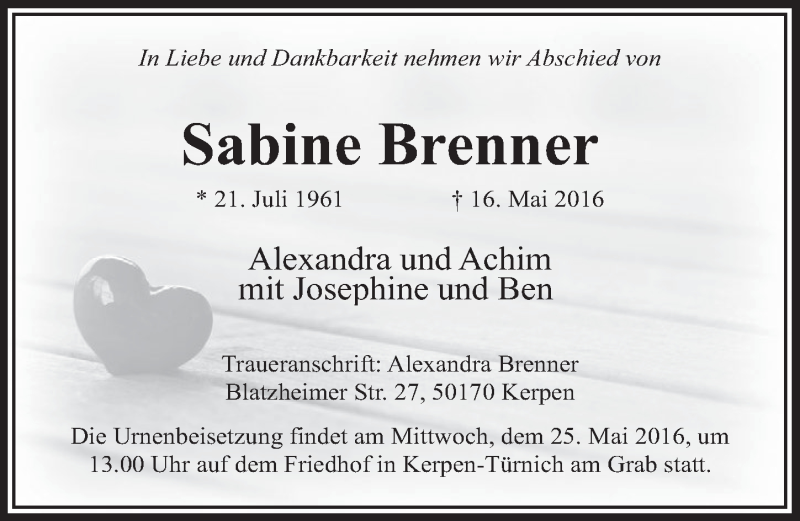  Traueranzeige für Sabine Brenner vom 21.05.2016 aus  Sonntags-Post 