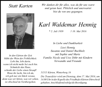 Anzeige von Karl Waldemar Hennig von Kölner Stadt-Anzeiger / Kölnische Rundschau / Express