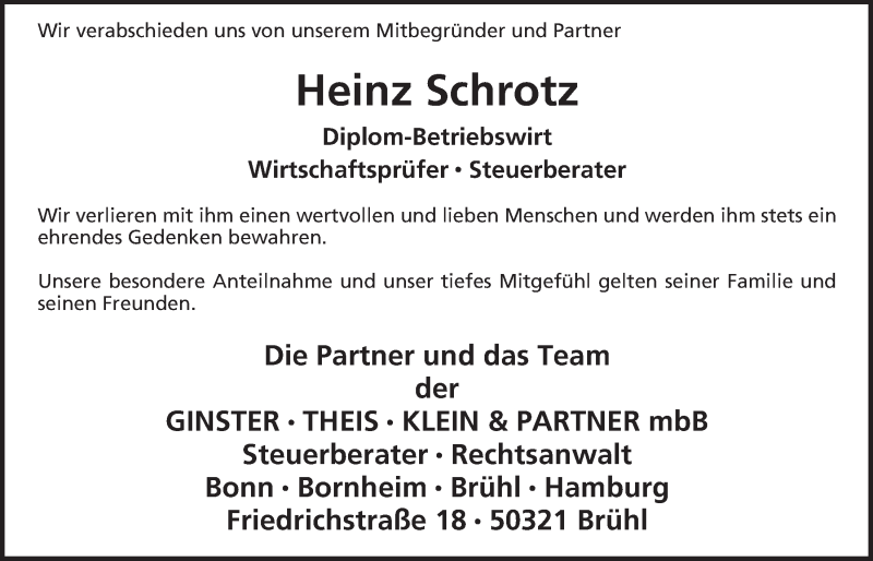  Traueranzeige für Heinz Schrotz vom 18.05.2016 aus  Schlossbote/Werbekurier 