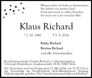 Anzeige von Klaus Richard von Kölner Stadt-Anzeiger / Kölnische Rundschau / Express