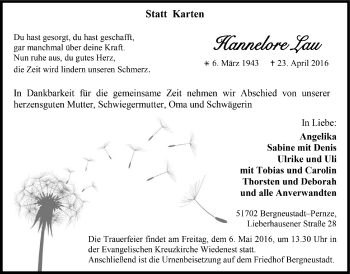 Anzeige von Hannelore Lau von  Anzeigen Echo 