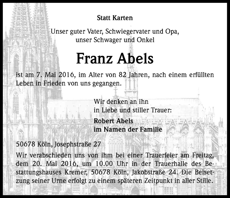  Traueranzeige für Franz Abels vom 14.05.2016 aus Kölner Stadt-Anzeiger / Kölnische Rundschau / Express