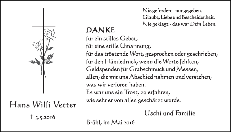  Traueranzeige für Hans Willi Vetter vom 01.06.2016 aus  Schlossbote/Werbekurier 