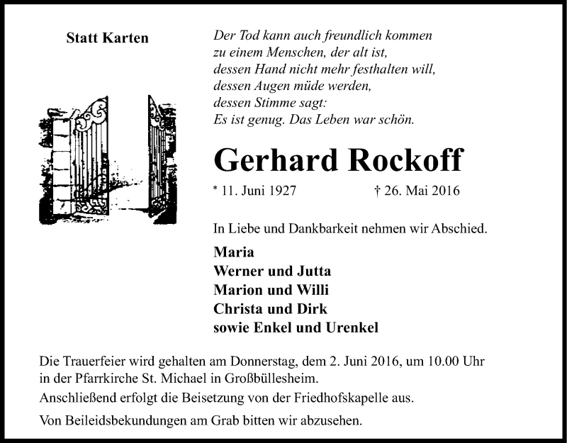  Traueranzeige für Gerhard Rockoff vom 31.05.2016 aus Kölner Stadt-Anzeiger / Kölnische Rundschau / Express