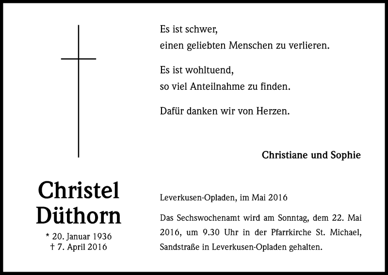  Traueranzeige für Chrustel Düthorn vom 07.05.2016 aus Kölner Stadt-Anzeiger / Kölnische Rundschau / Express