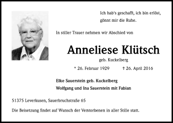 Anzeige von Anneliese Klütsch von Kölner Stadt-Anzeiger / Kölnische Rundschau / Express