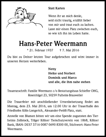 Anzeige von Hans-Peter Weermann von Kölner Stadt-Anzeiger / Kölnische Rundschau / Express