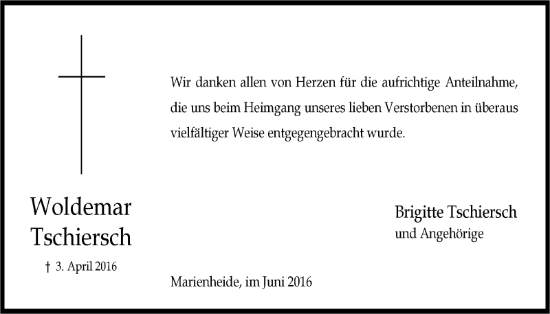  Traueranzeige für Woldemar Tschiersch vom 01.06.2016 aus  Anzeigen Echo 