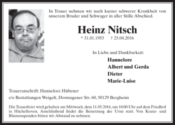 Anzeige von Heinz Nitsch von  Werbepost 