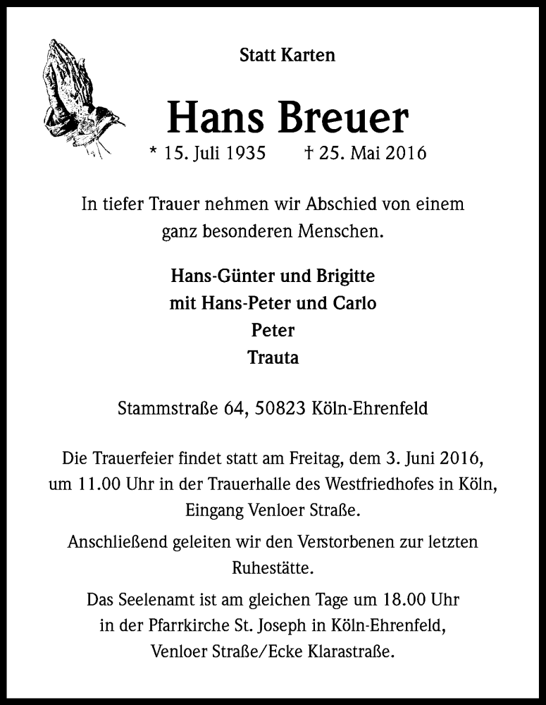  Traueranzeige für Hans Breuer vom 01.06.2016 aus Kölner Stadt-Anzeiger / Kölnische Rundschau / Express