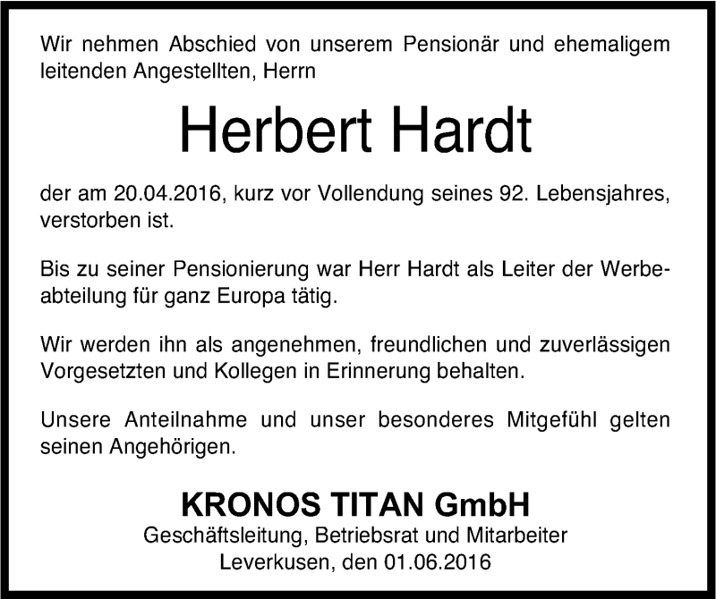  Traueranzeige für Herbert Hardt vom 01.06.2016 aus Kölner Stadt-Anzeiger / Kölnische Rundschau / Express
