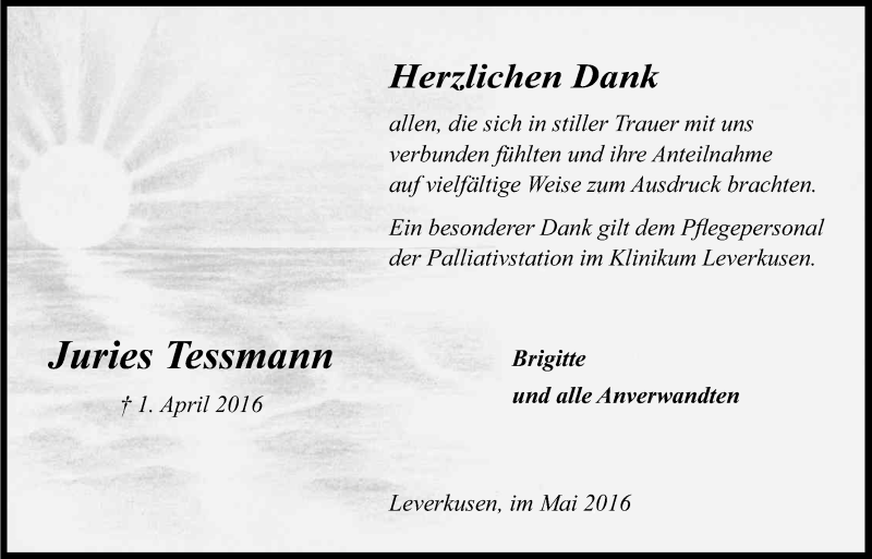  Traueranzeige für Juries Tessmann vom 28.05.2016 aus Kölner Stadt-Anzeiger / Kölnische Rundschau / Express