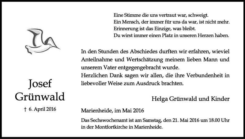  Traueranzeige für Josef Grünwald vom 11.05.2016 aus Kölner Stadt-Anzeiger / Kölnische Rundschau / Express