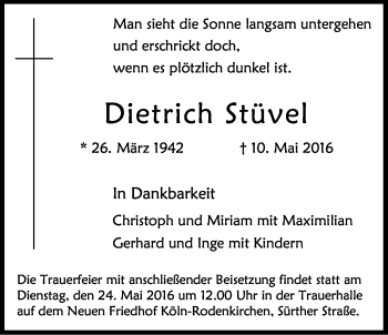 Anzeige von Dietrich Stüvel von Kölner Stadt-Anzeiger / Kölnische Rundschau / Express