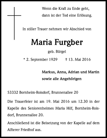 Anzeige von Maria Furgber von Kölner Stadt-Anzeiger / Kölnische Rundschau / Express