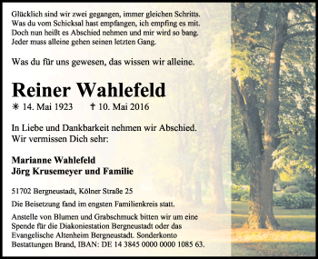 Anzeige von Reiner Wahlefeld von Kölner Stadt-Anzeiger / Kölnische Rundschau / Express