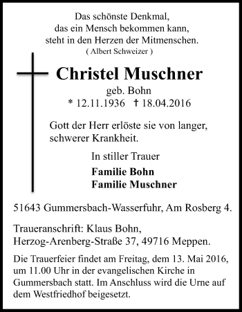 Anzeige von Christel Muschner von Kölner Stadt-Anzeiger / Kölnische Rundschau / Express